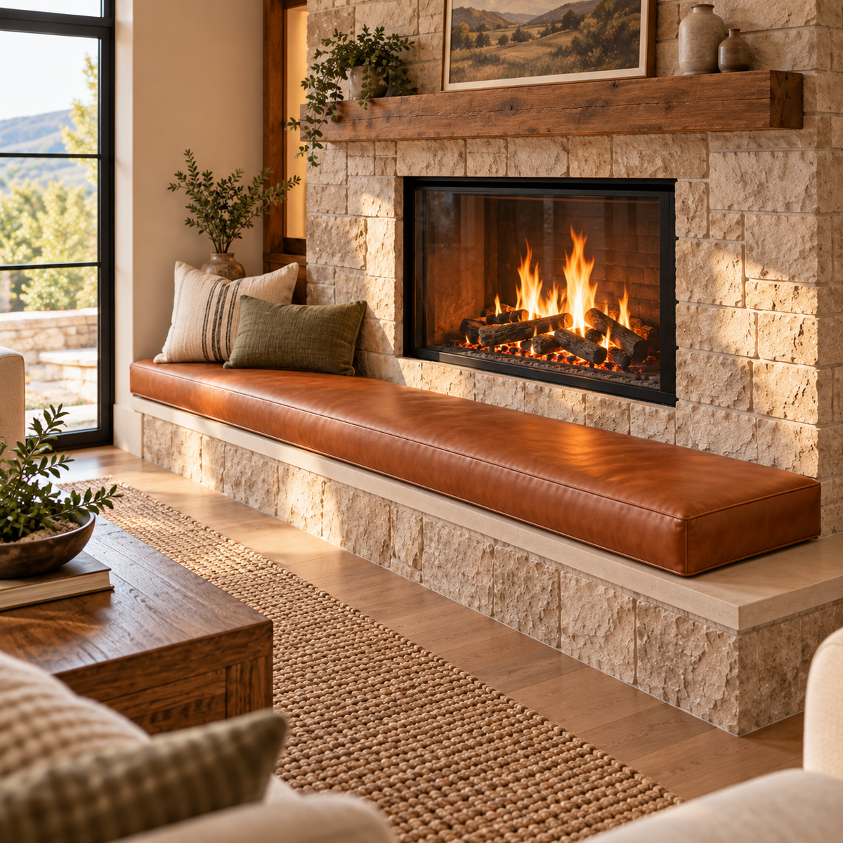 Custom Leather Fire Pit Seat Cushion | Indoor Bench & Hearth Seating